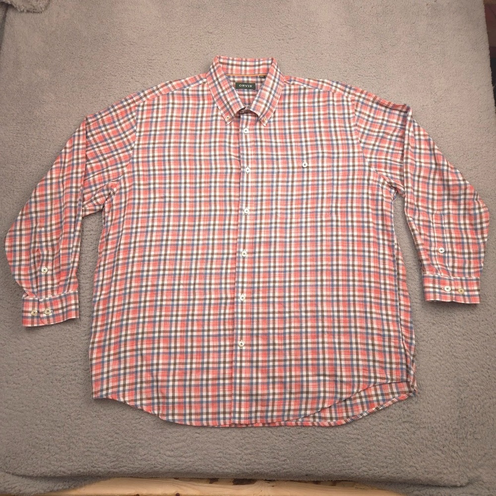 Orvis Button Down‎ Shirt Mens XXL Orange Blue Plaid Cotton Blend Long Sleeve
